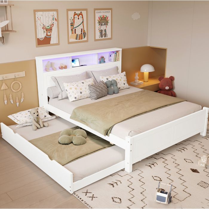 Lit gigogne Double 120×200 et 90×190 cm rangement LED réglable et prise Type-A - TCQPZ - sans matelas pin et MDF - blanc