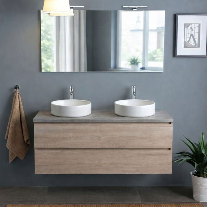 Meuble salle de bain suspendu 120 cm chêne avec plan béton miroir 120x60 et 2 lampes Berlin