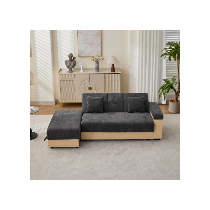 Canapé-lit convertible 217x110x90 cm dossier réglable 3 positions 2 tiroirs pouf coffre porte-gobelet chenille gris