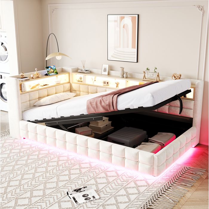 Lit Banquette Lit Simple Coffre Hydraulique Étagères LED USB et Type-C 90 × 200 cm sans Matelas