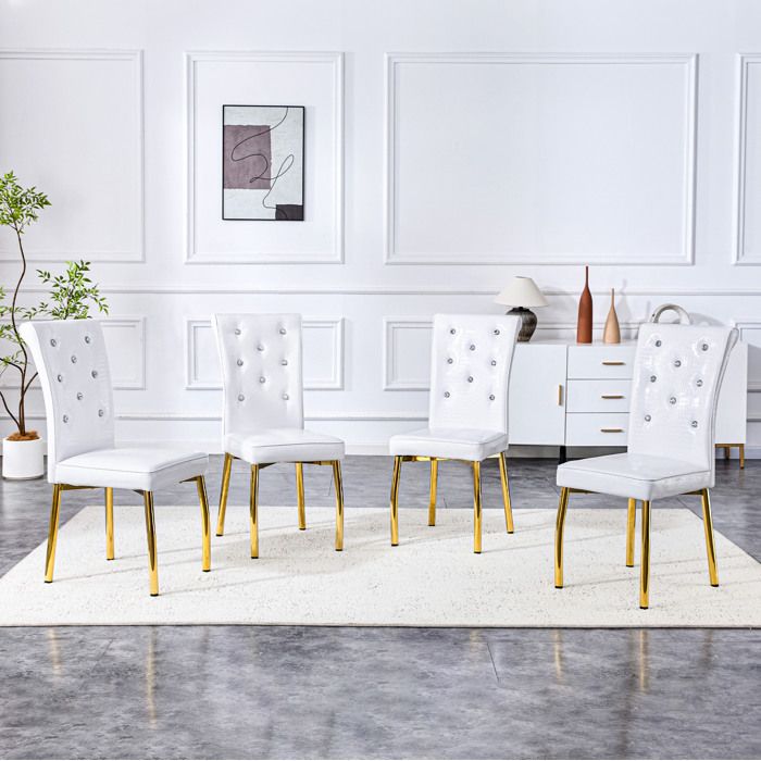 WOVREO Lot de 4 chaises de salle a manger rembourrees simili cuir blanc aspect crocodile pieds metal dores