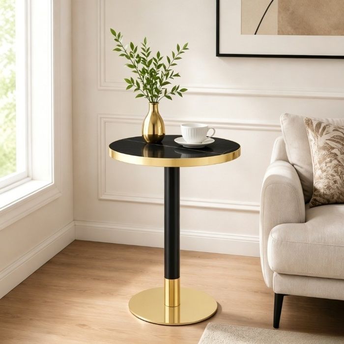 Table dappoint ronde 60cm effet marbre bord doré pieds métal noir/or design moderne stable idéal canapé nuit ou balcon