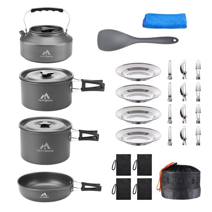 Kit de Cuisine Camping 27 pièces Portable pour 2-4 Personnes avec Bouilloire casseroles Anti-adhésives et Accessoires INOX