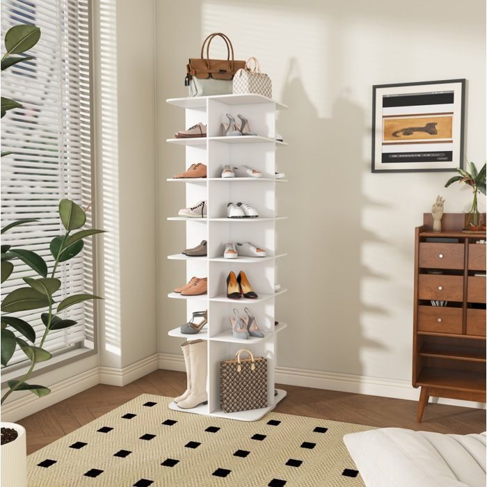Meuble à chaussures rotatif 360° sur pied 7 étagères blanc PVC 28 paires montage facile haute base VEVXYN