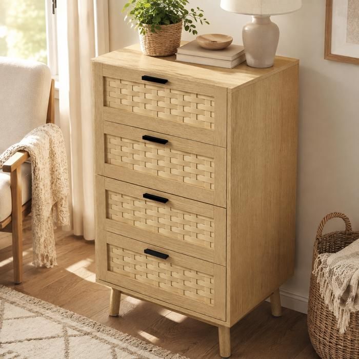 Commode enfant 4 tiroirs en bois et cannage rotin – 55x40x95 cm –Style campagnard – Fixation murale incluse – Aspect bois clair