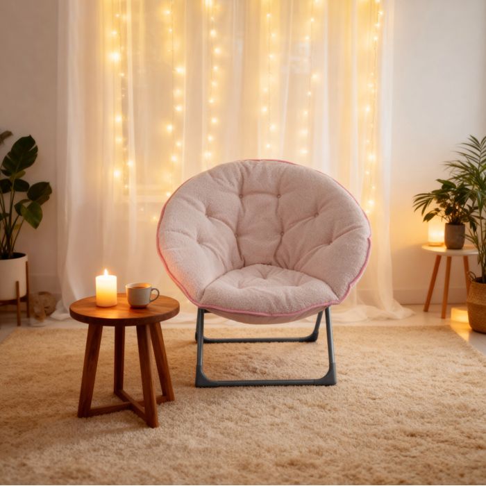 Fauteuil pliable lune – Rose – Tissu et métal – 85 x 58 x 53 cm – 110 kg