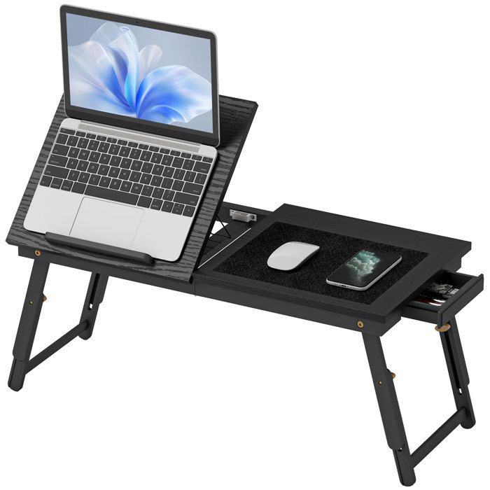 Bureau pour Ordinateur Portable Ajustable et Pliable Noir 835x33x34cm Table de Lit avec Tiroir
