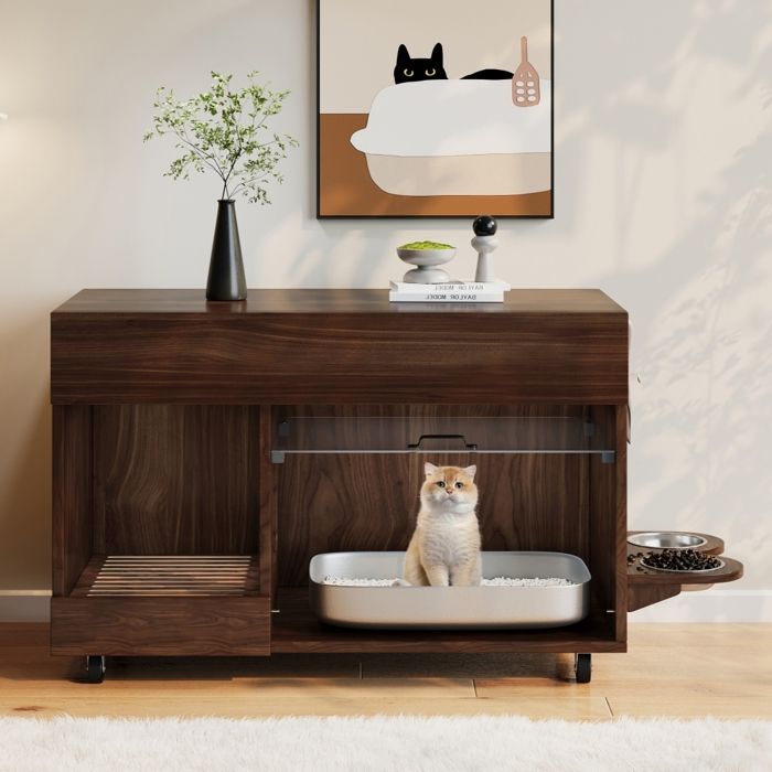 Facile à déplacer meuble litière chat avec bac récupérateur amovible et rangement 100 x 45 5 x 67 cm