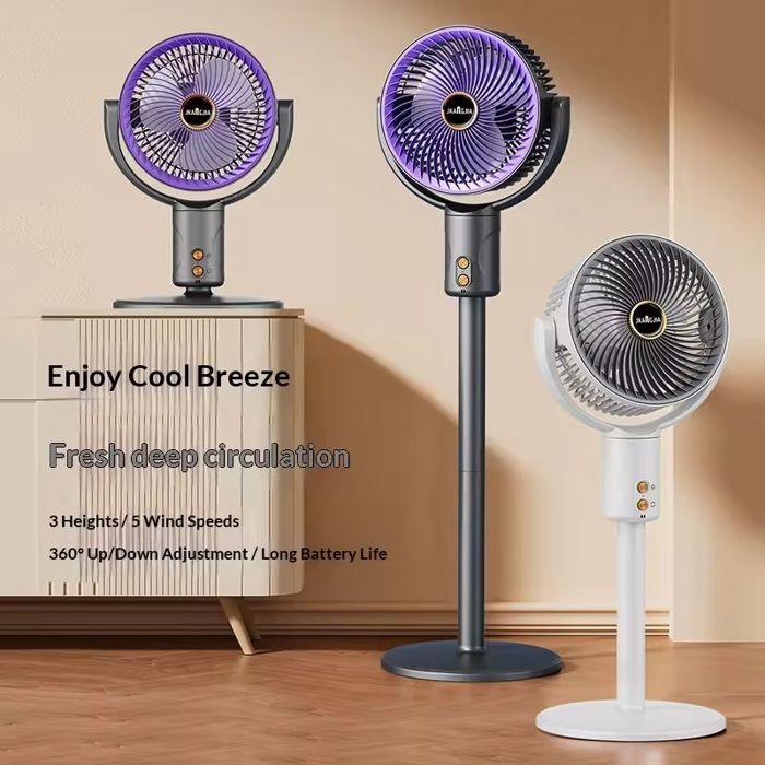 Ventilateur sur Pied Rechargeable à Hauteur Réglable Gris 5 Vitesses Port USB Type-C Utilisation Sol ou Bureau