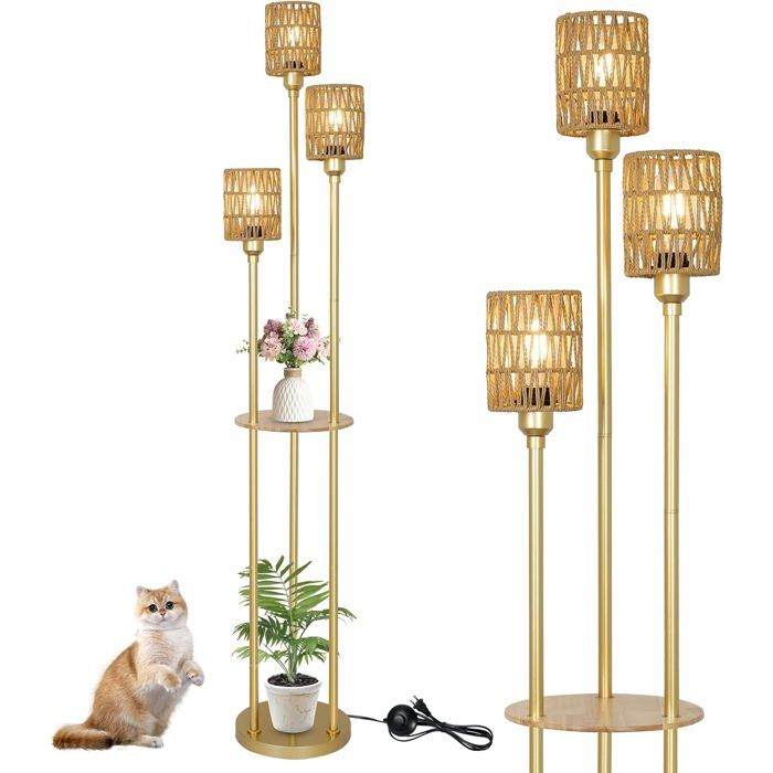 Lampadaire 3 flammes 168 cm avec étagère - Abat-jour en rotin et interrupteur à pied - Finition dorée douille E27