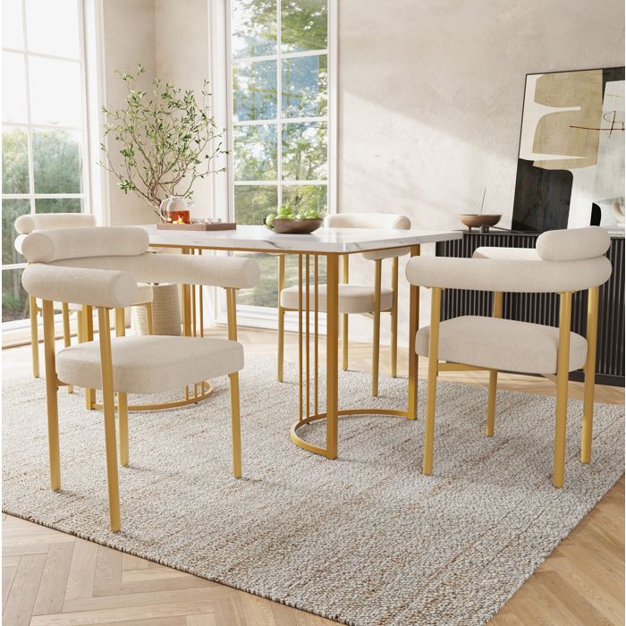 Ensemble table à manger 5 pièces avec 4 fauteuils en velours pieds métalliques beige et doré
