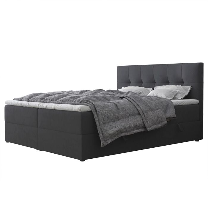 Lit Coffre RENZO - 160x200 cm - avec matelas et surmatelas - Velours doux - Noir