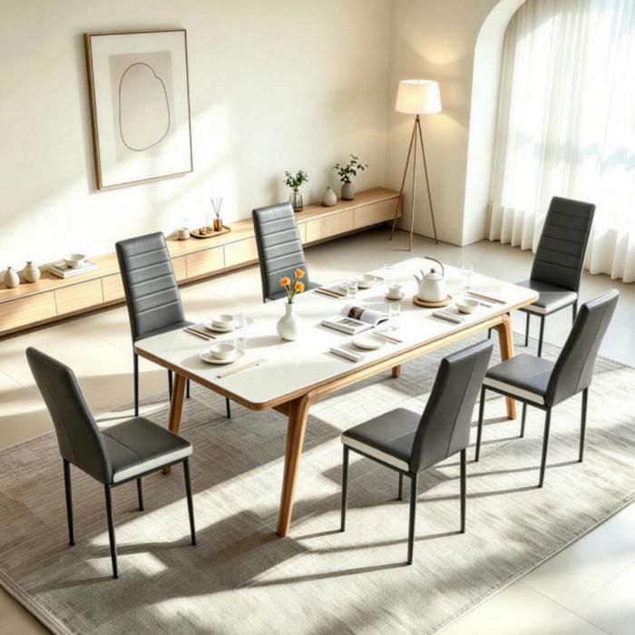 ViYi.Lot de 6 Chaises De Salle À Manger - PU - Pieds En Métal - Chaise De Cuisine Moderne Au Design Élégant - Gris + Blanc