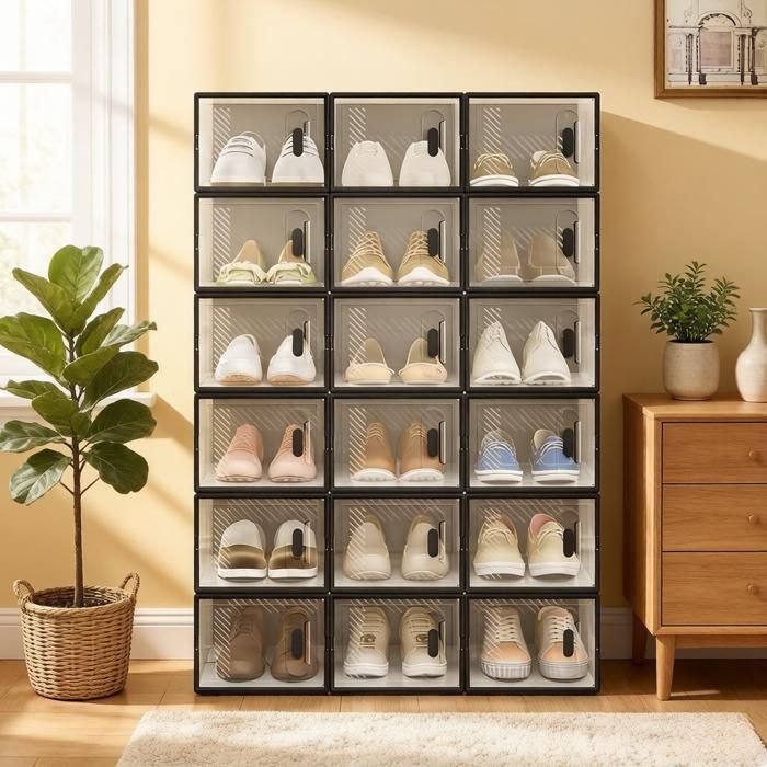 MEUVYX Meuble à Chaussures avec 18 Boîtes Empilables et Ouverture Frontale pour Chambre en Plastique Noir Transparent