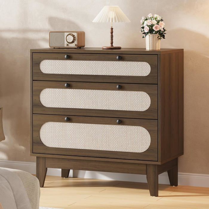 Commode 3 tiroirs en rotin pour chambre – Brun foncé pour chambre et salon 80x40x79 5 cm