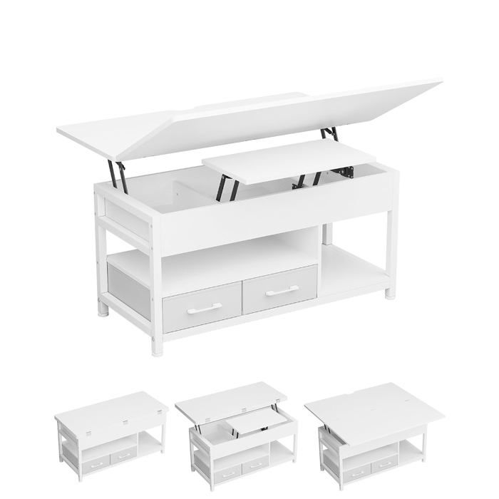 Table basse relevable transformable plateau pliant 2 tiroirs étagère 50 x 100 x 50 / 100 x 100 x 67 cm blanc