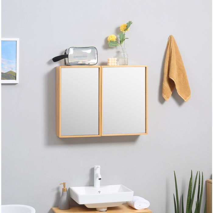 Armoire Miroir de Salle de Bain 2 Portes et 3 Étagères - MEUNIQ - Murale à Suspendre en Bambou Naturel 65 2×14×50 cm
