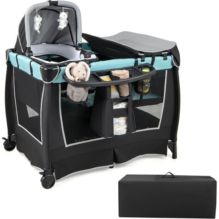 6 en 1 Lit Parapluie Bébé avec Matelas COSTWAY Barre Détachable avec Auvent Réglable2 Jouets Musical et Sac Transport 0-3 Ans Vert