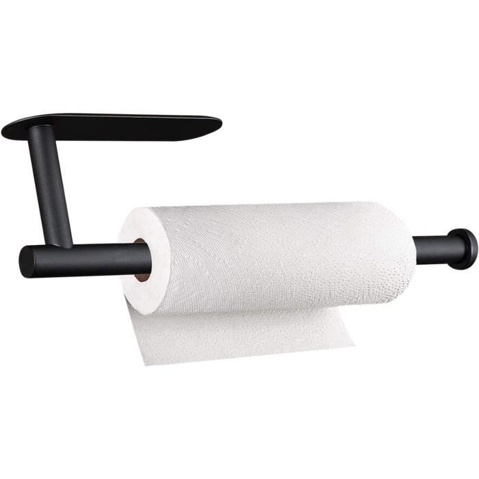 Porte Essuie-Tout Zivacate Avec Accents Bois - Adhésif Ou Vis - Range Sopalin Mural Noir Mat