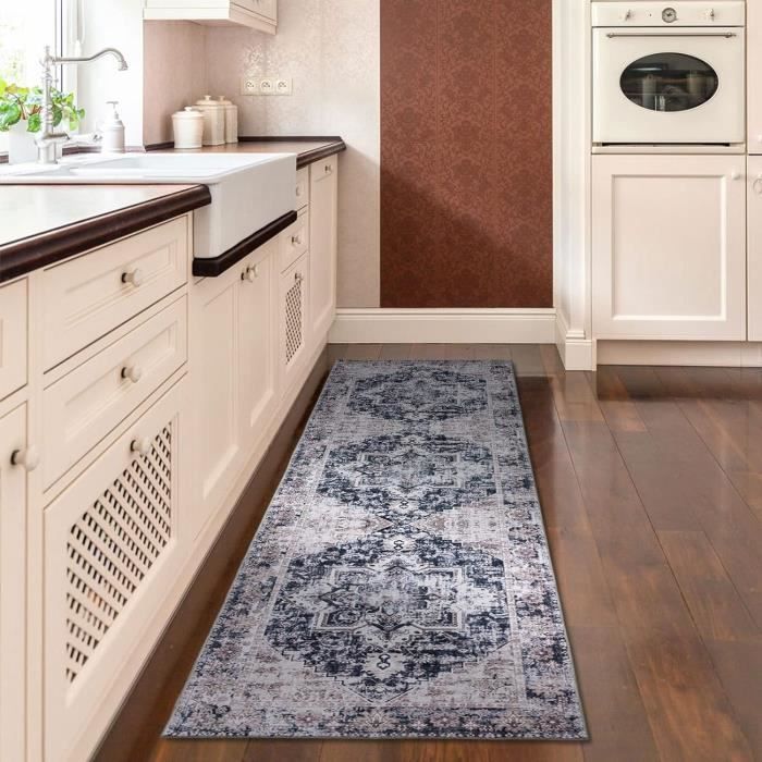 Tapis De Couloir Lavable RUUGME 2x6 Pieds - Beige Style Vintage à Médaillon - Polyester
