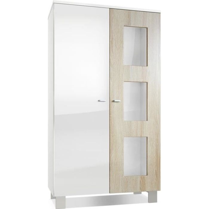 vladon vitrine armoire denjo, corps en blanc mat - façades en blanc haute brillance et chêne brut