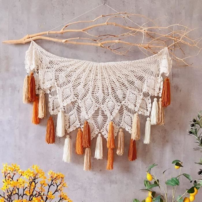 Tapisserie Murale Macramé Orange Bohème - 40x120 Cm - Décoration Salon/chambre à La Main