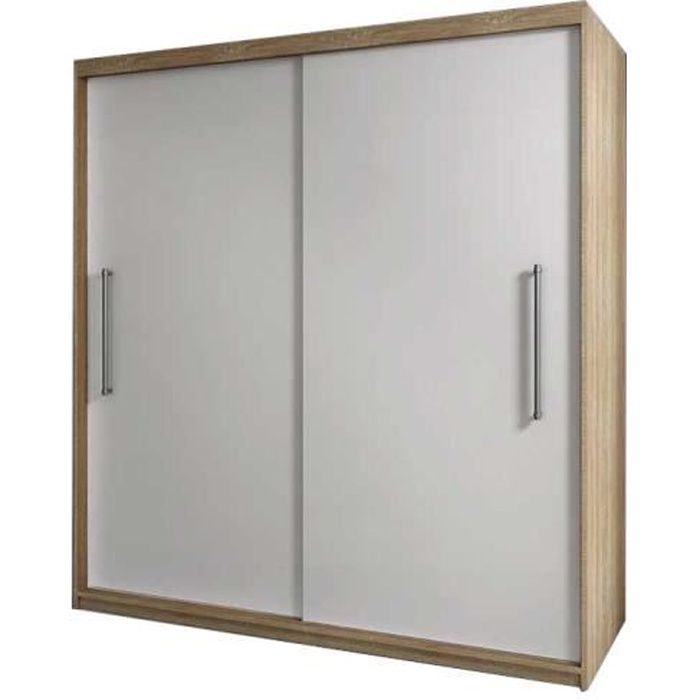 Armoire de chambre avec 2 portes coulissantes - tringle et étagères - Style contemporain - Sonoma+Blanc - L 204 cm - NICO