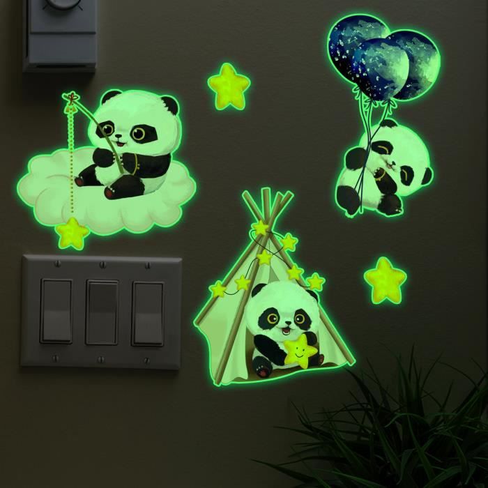 Sticker phosphorescent lumineux - PANDA BALANÇOIRE DE LUNE ET 130 ÉTOILES -  Autocollant mural plafond enfant - 110x90cm