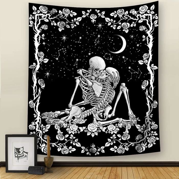 Uspring Tapisserie murale motif tête de mort, champignon, lune et étoiles - Tapisserie squelette montagne noire et blanche - Tapisserie murale pour chambre (51,2 x 150,1 cm