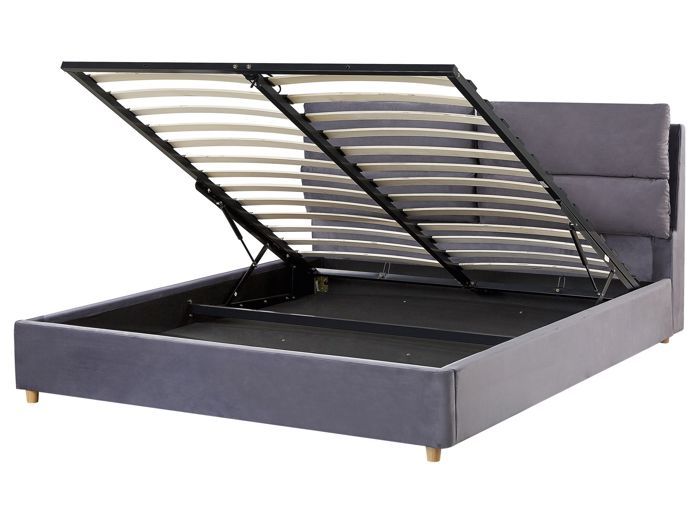 Lit avec coffre en velours gris avec rangement 160 x 200 cm BATILLY Lit avec coffre en velours gris avec rangement 160 x 200 cm BATILLY