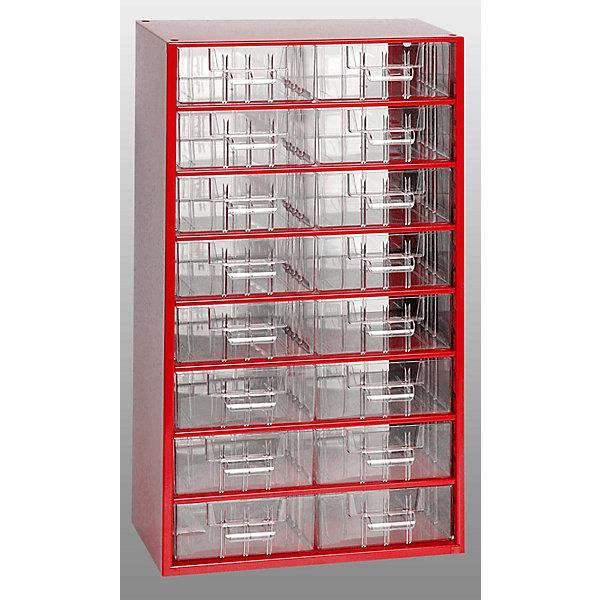 bloc-tiroir à tiroirs translucides - h x l x p 551 x 306 x 155 mm, 16 tiroirs corps rouge carmin - armoire à bacs armoire à tiroirs