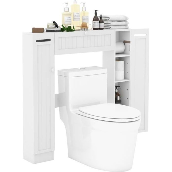costway meuble de toilette wc armoire de rangement avec etagères réglables et porte-papier toilette, 89 x 19,5 x 99 cm, blanc