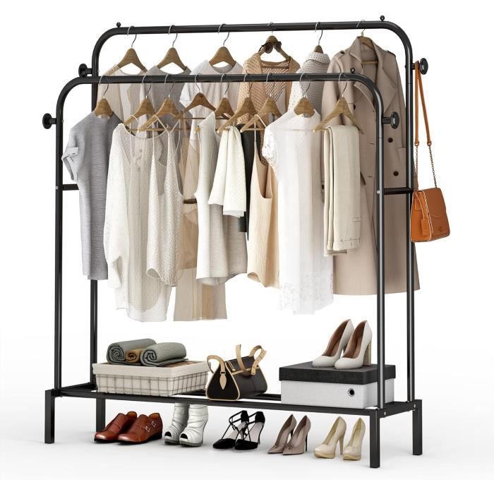 Portant Vêtements FREOSEN Double Barre Avec étagère - Noir Métal 150cm