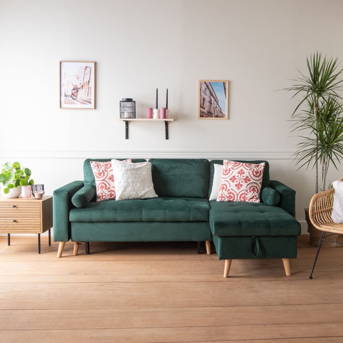 Canapé dangle convertible JAMES 3 places en velours vert