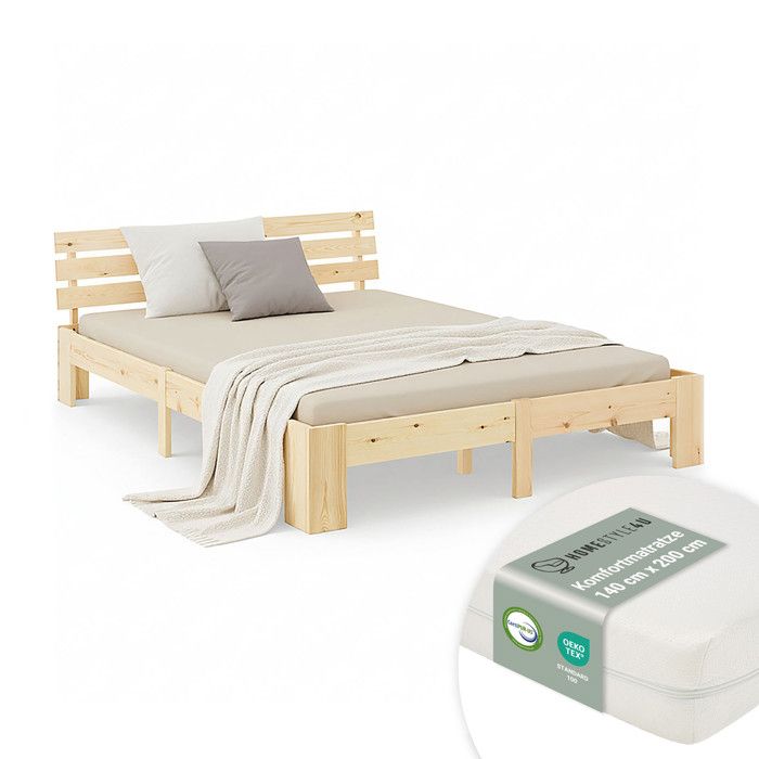 Double Bed with Mattress and Slatted Frame 140x200 Bed Nature