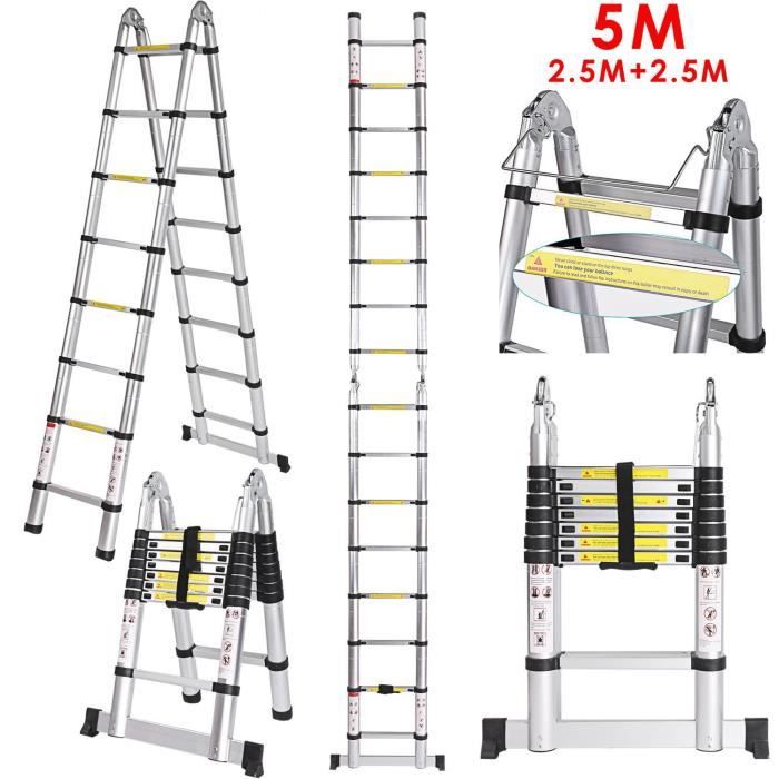 Échelle Télescopique TOOLUCK - 5M - En Aluminium - 16 Echelons - Charge max 150 kg