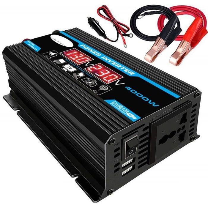 4000W 12V à 220V - 110V double USB LED convertisseur de puissance de voiture onduleur modifié vague, 12V à 220V, noir