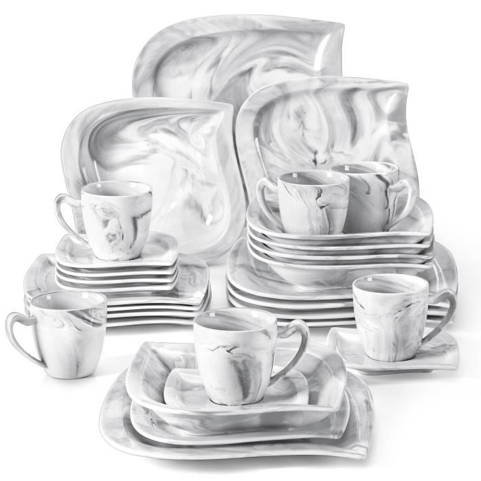 MALACASA Assiette Série ELVIRA 30 pièces Service de Table Porcelaine Marbre Le dessin de motif deau grise lisse - Gris