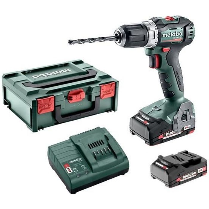 Pack Perceuse visseuse Compacte brushless sans fil 18V 55Nm mandrin 13mm+ 2 batteries 2Ah + chargeur + Metabox145 METABO BS18LBL