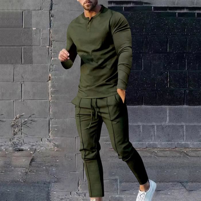 Ensemble Homme Sasaquoy Nouveau costume decontracte de couleur unie costume de sport a manches longues et sans capuchon Vert armee Vert armee Cdiscount Pret a Porter