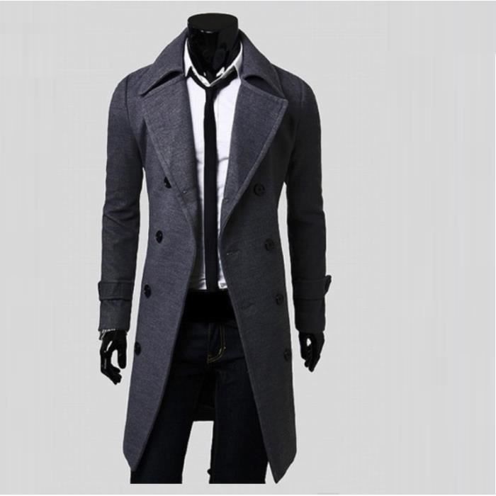 Manteau long hiver homme Gris Caban manches long chaud en laine costume pas cher de qualite grande taille Veste blouson automne