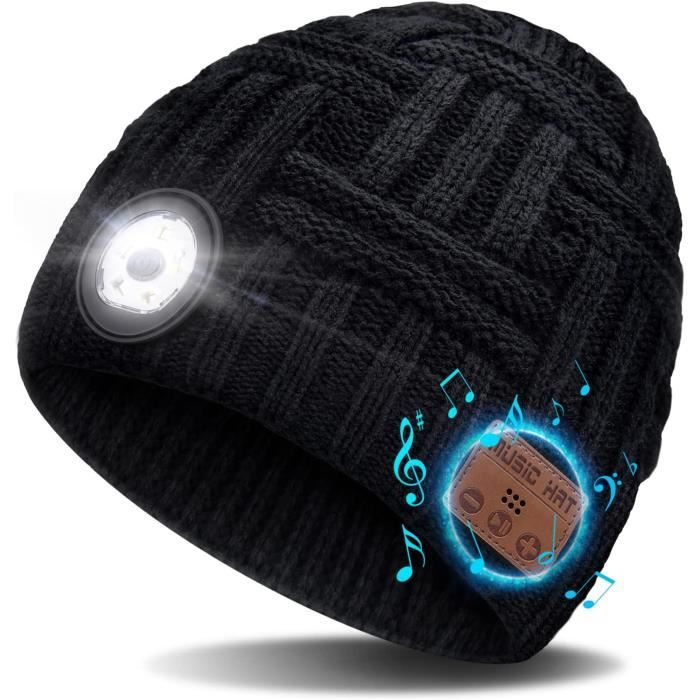 Bonnet Bluetooth avec LED Lampe, LED Bluetooth avec Écouteur Stéréo Tricoté  Hiver Chaud pour Homme Femme Papa