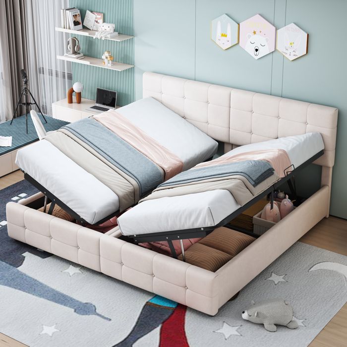 Lit Coffre Double 180x200cm - Lit Adulte Et Enfant Avec Coffre De Lit Ouvrable Des Deux Côtés Sommier Inclus - Velours Beige Lit Coffre Double 180x200cm - Lit Adulte Et Enfant Avec Coffre De Lit Ouvrable Des Deux Côtés Sommier Inclus - Velours Beige