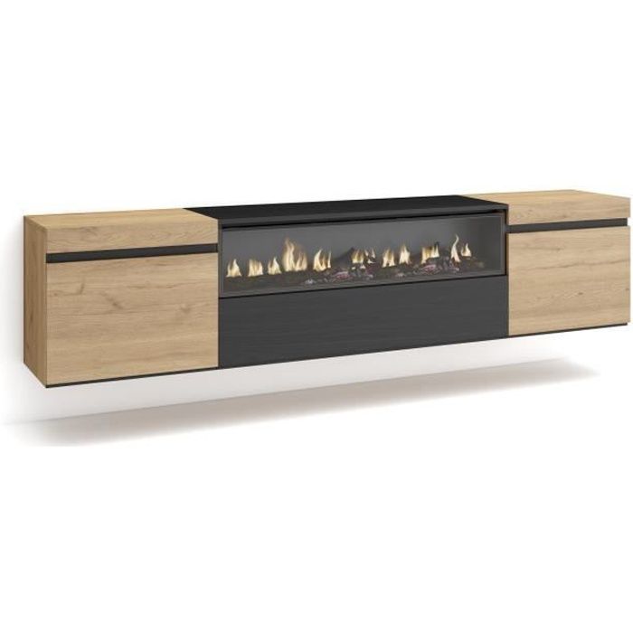 Meuble TV Banc Télé 200x35x45cm Pour TV jusquà 80 feu électrique Suspendu Mural Chêne et noir RF2261 Meuble TV Banc Télé 200x35x45cm Pour TV jusquà 80 feu électrique Suspendu Mural Chêne et noir RF2261
