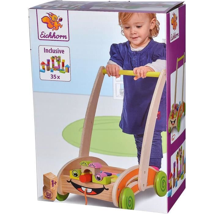 Eichhorn Chariot De Marche En Bois – 35 Blocs Colorés, Roues Silencieuses, Dès 1 An, 39x25x44 Cm