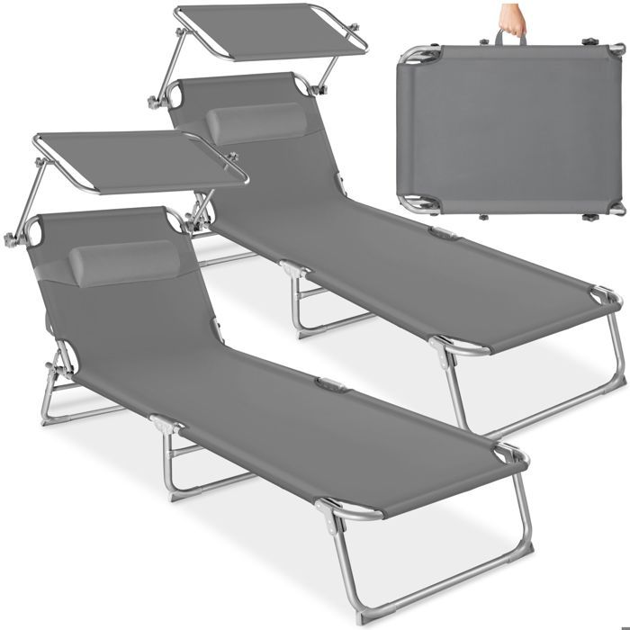 Bain de soleil - TECTAKE - Lot de 2 chaises longues CHLOÉ pliable 4 positions avec pare-soleil 190 x 68 x 111 cm - Gris Bain de soleil - TECTAKE - Lot de 2 chaises longues CHLOÉ pliable 4 positions avec pare-soleil 190 x 68 x 111 cm - Gris
