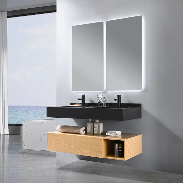 Ensemble Salle De Bain New-Luton En Chêne Anthracite - Meuble Double Vasque 140cm, Armoire Miroir LED, Placards Hauts - 10