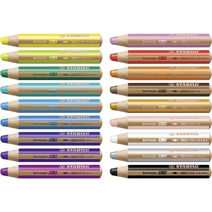 STABILO Woody 3in1 ARTY – 6 Crayons De Couleur + Taille-crayon, Multi-surfaces, éco-responsable