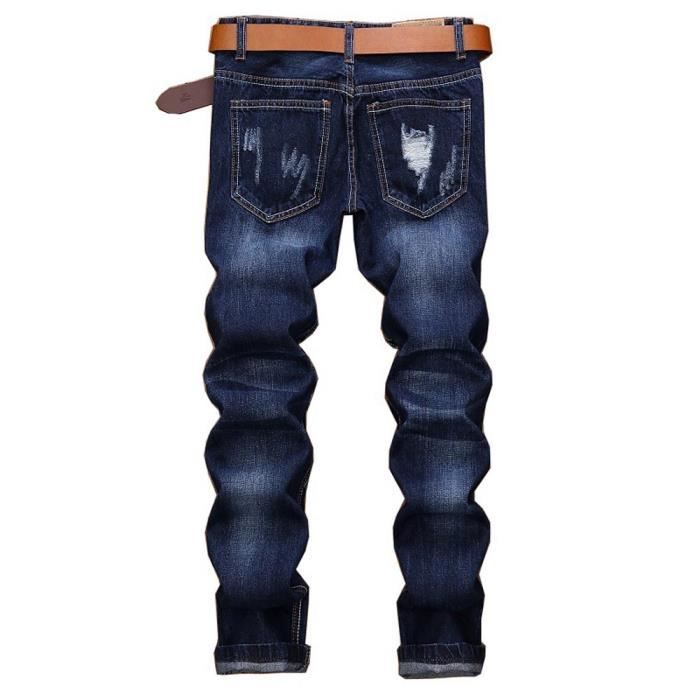 Jeans Fashion Homme Dechire Coupe Droite Jean Bleu Effet Delave Vetement Tendance