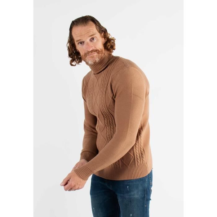 Pull col roule camel en cashemere avec motifs tricot torsade HOLLYGHOST M Homme